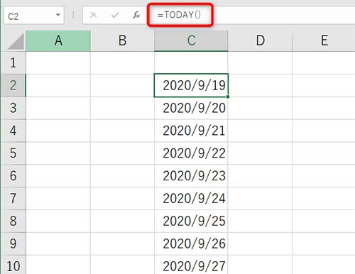 基準とするセルに「=Today()」と入力