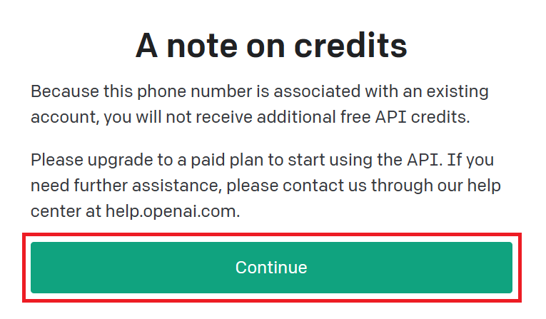 ”A note on credits(クレジットに関する注意事項)”の画面に進むので、「Continue」をクリック