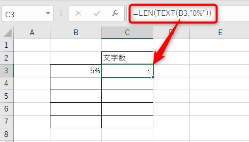 「LEN(TEXT(B3,“0%”))」