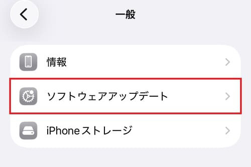 「一般」画面で赤い枠に囲まれた「ソフトウェアアップデート」メニュー